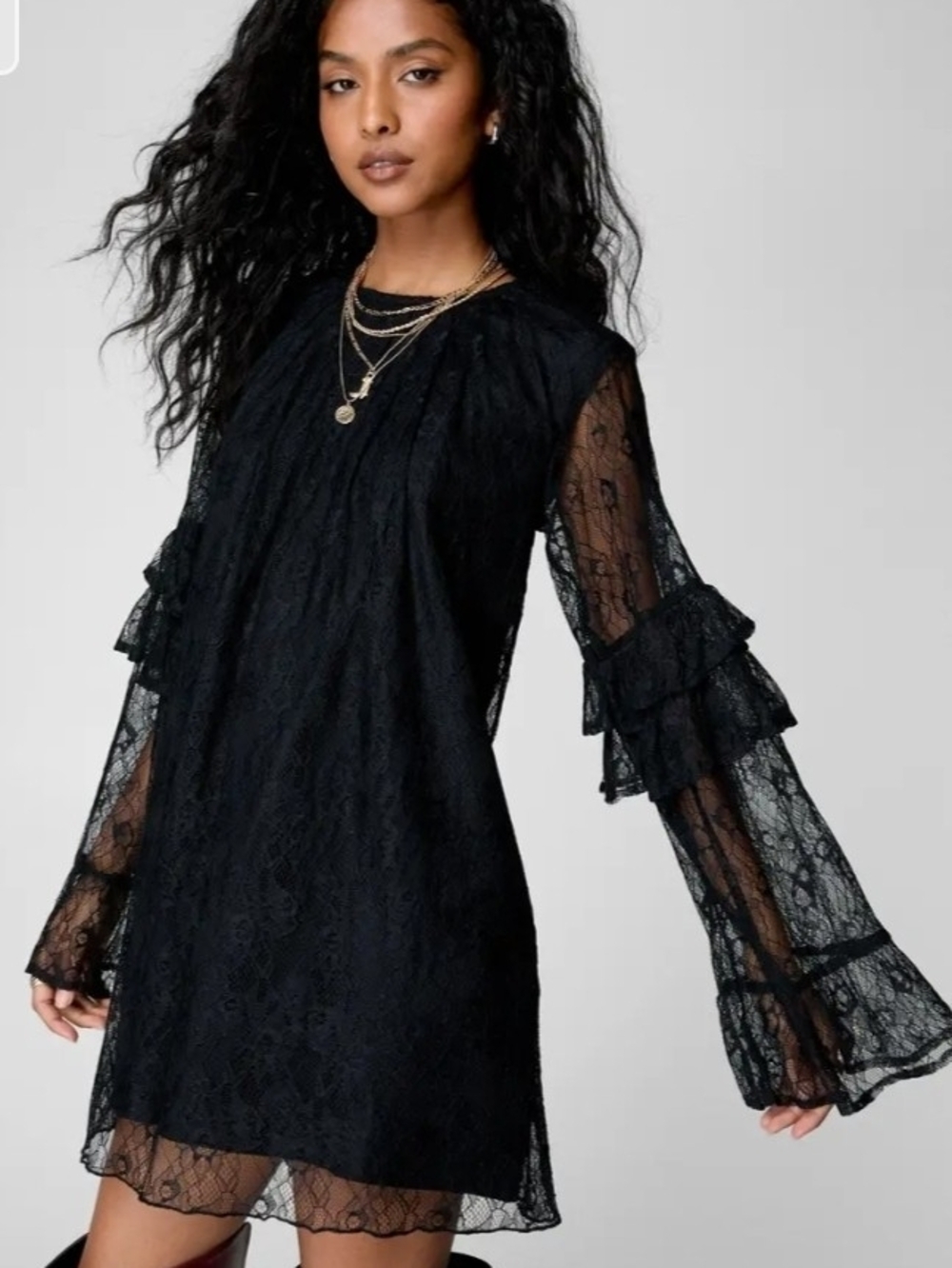 Nasty Gal Black Lace Ruffle Fluted Sleeve Mini Dress Sz 2 - Picture 3 of 7